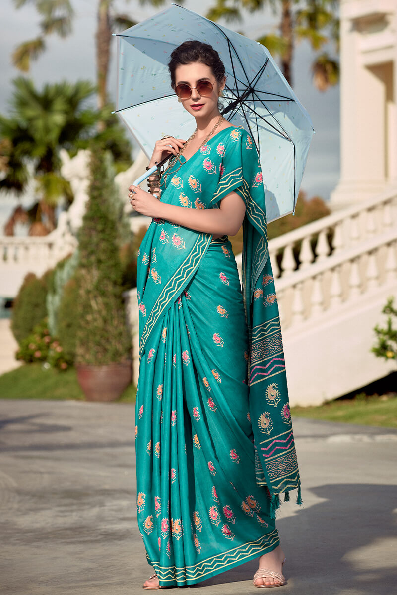 Resham HOrizon Blue Pure Mal cotton Printed Saree