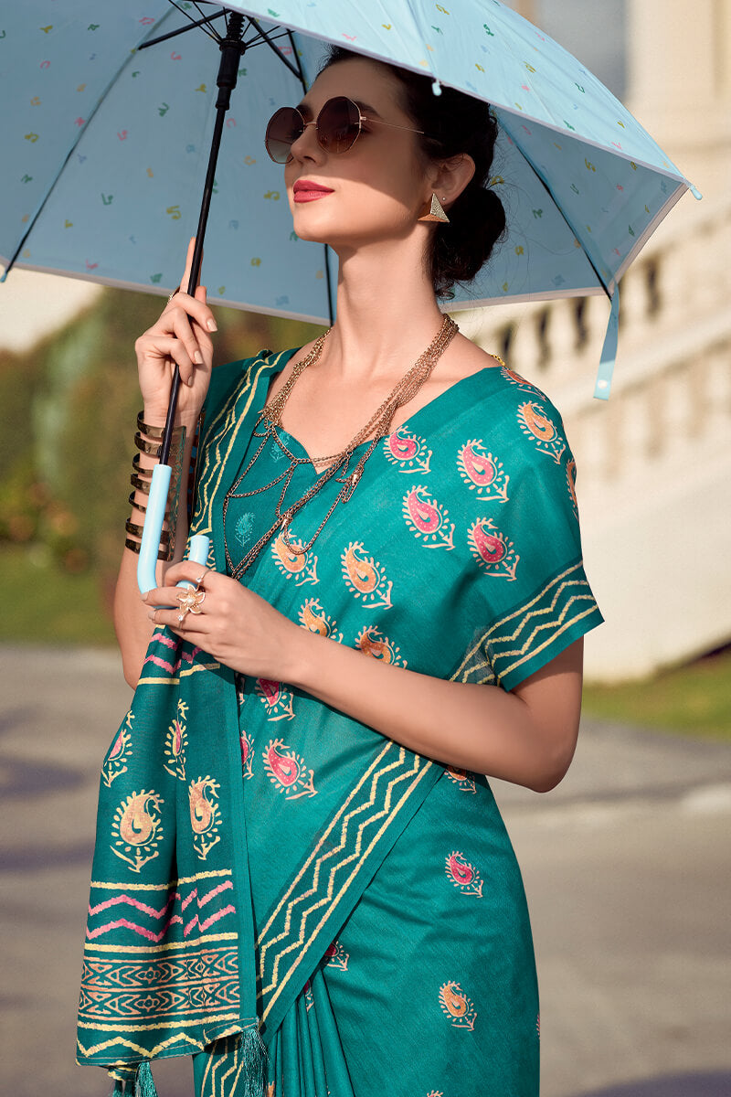 Resham HOrizon Blue Pure Mal cotton Printed Saree