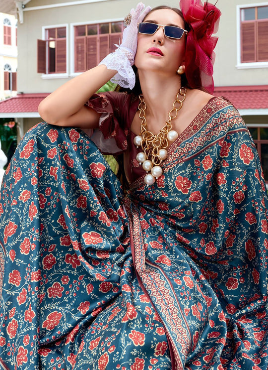 Next Generation Blue Ajrakh Satin Crepe Silk Printed Saree