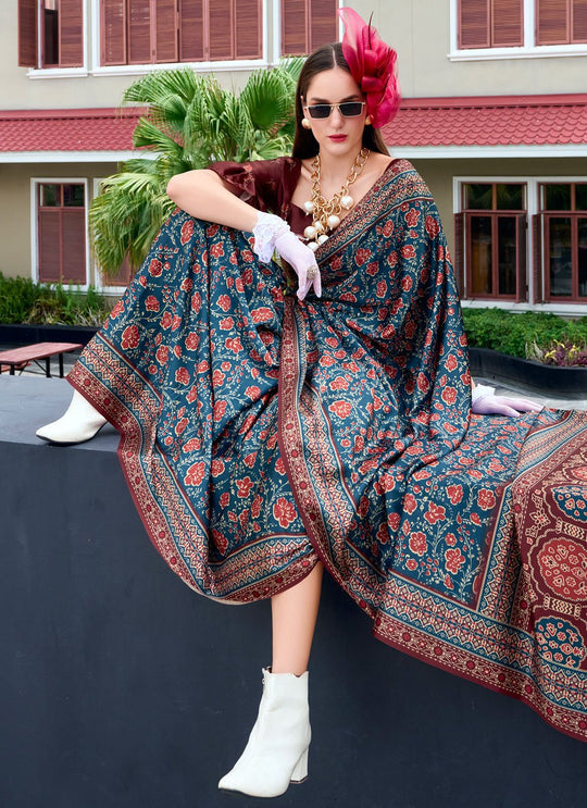 Next Generation Blue Ajrakh Satin Crepe Silk Printed Saree