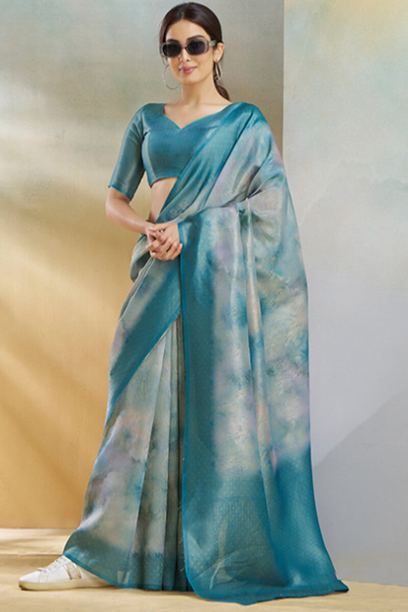 Koral Hazy Blue Handloom Khadi Silk Weaving Saree