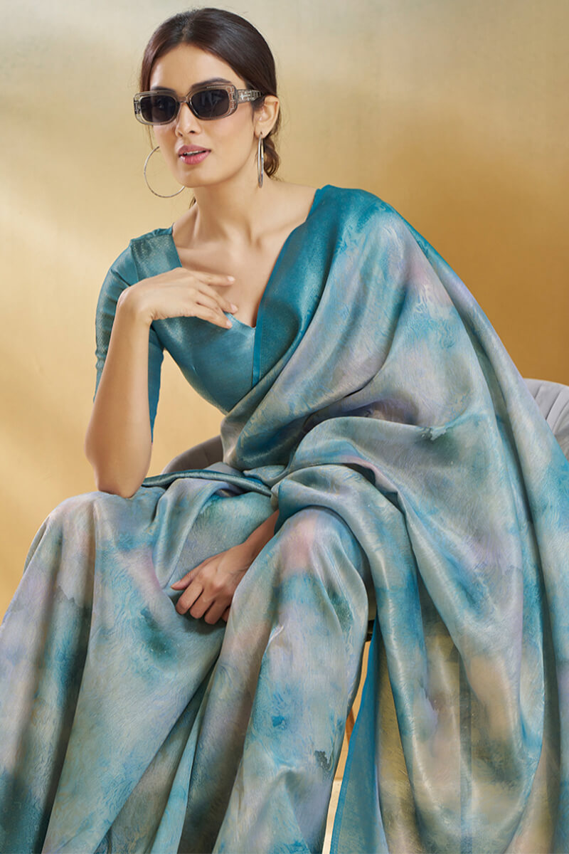 Koral Hazy Blue Handloom Khadi Silk Weaving Saree