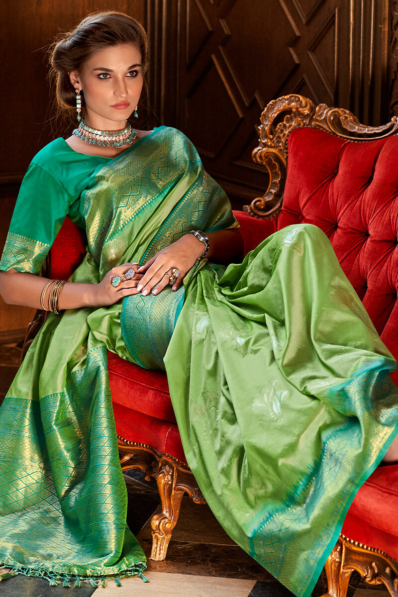 Roseberry Parrot Green Pure Banarasi Silk Weaving Saree