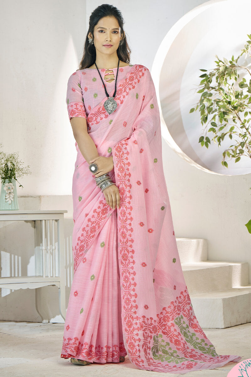 Disha Pink Soft Linen Cotton Silk Weaving Saree