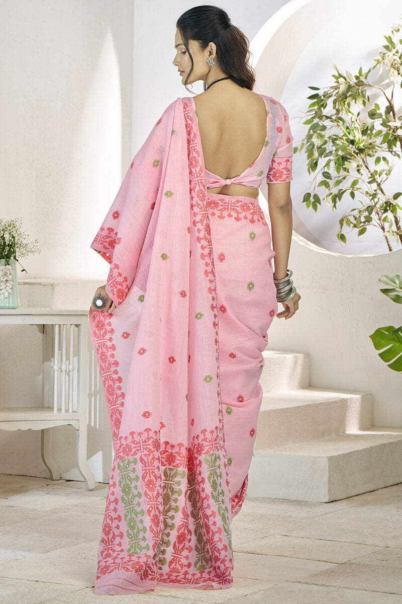 Disha Pink Soft Linen Cotton Silk Weaving Saree