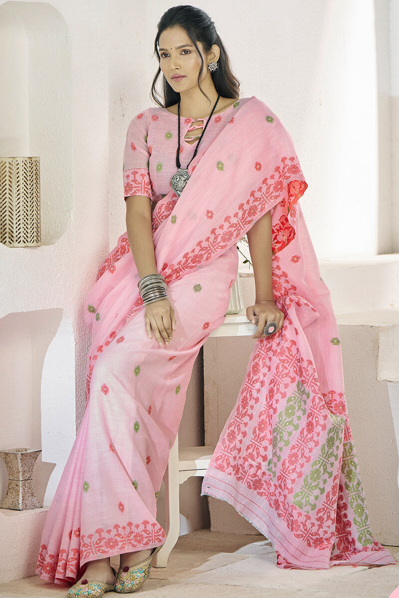 Disha Pink Soft Linen Cotton Silk Weaving Saree
