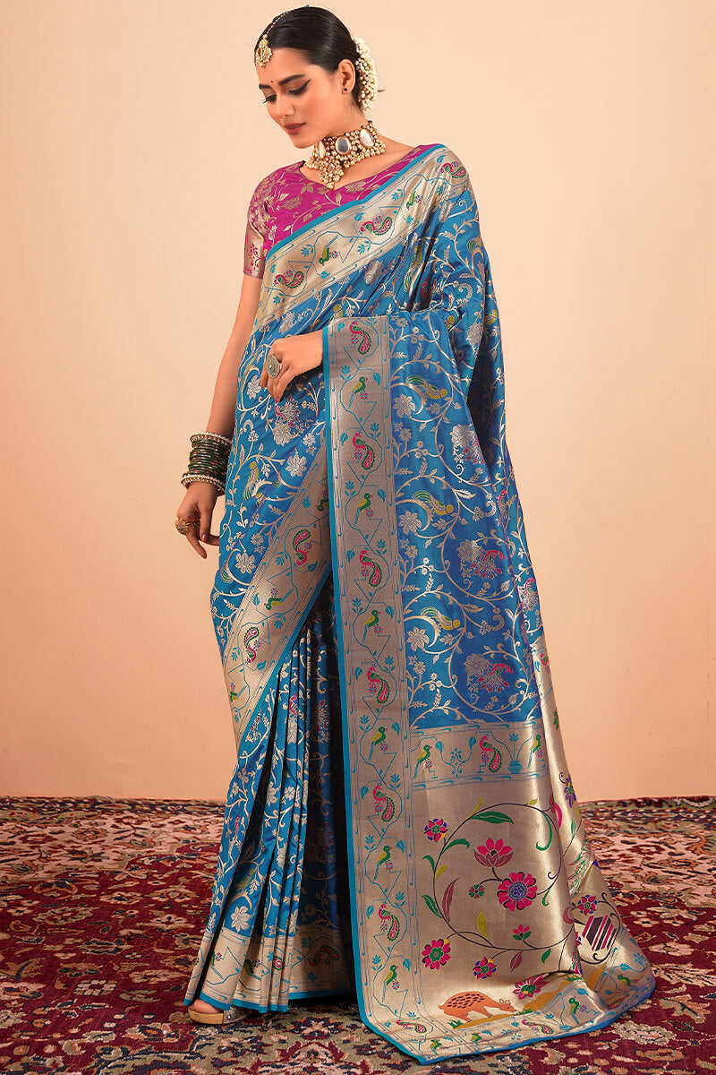 Sailja Indigo Pure Paithani Silk Zari Weaving Saree