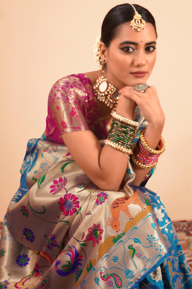 Sailja Indigo Pure Paithani Silk Zari Weaving Saree