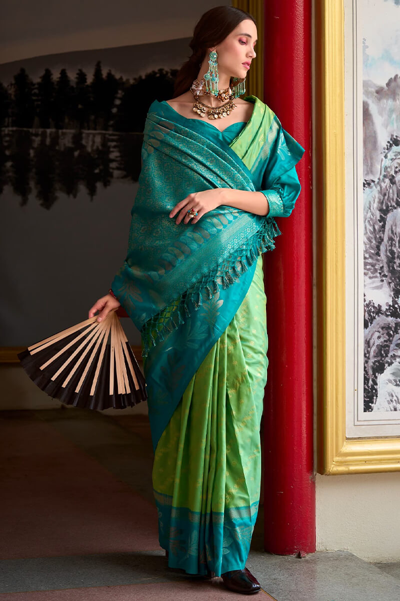 Leaf Moss Green Pure Banarasi Soft Silk Woven Saree