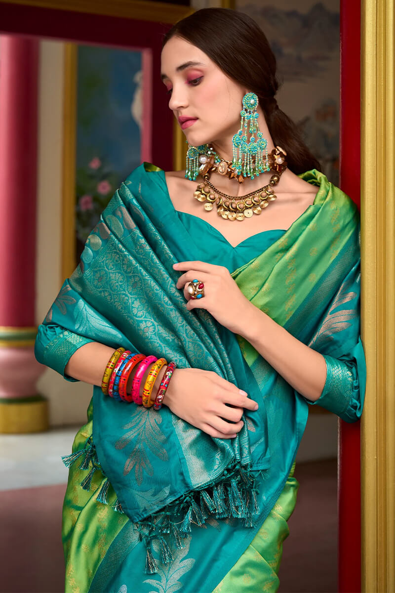 Leaf Moss Green Pure Banarasi Soft Silk Woven Saree