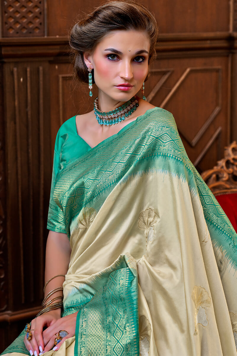 Roseberry Cream Pure Banarasi Silk Weaving Saree