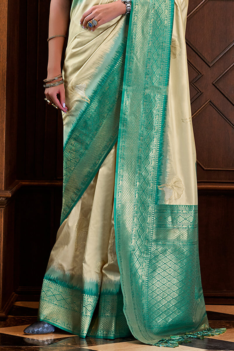 Roseberry Cream Pure Banarasi Silk Weaving Saree