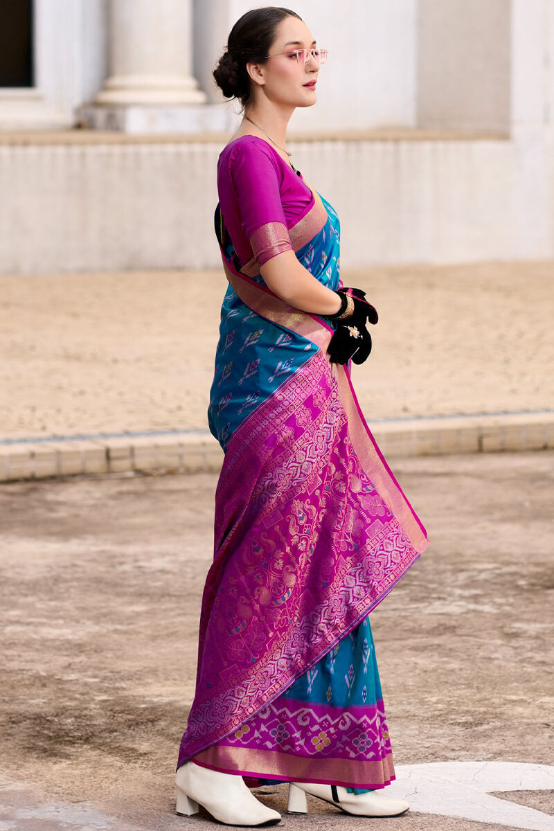 Pyramid Blue Banarasi Soft Silk Ikkat Border Saree