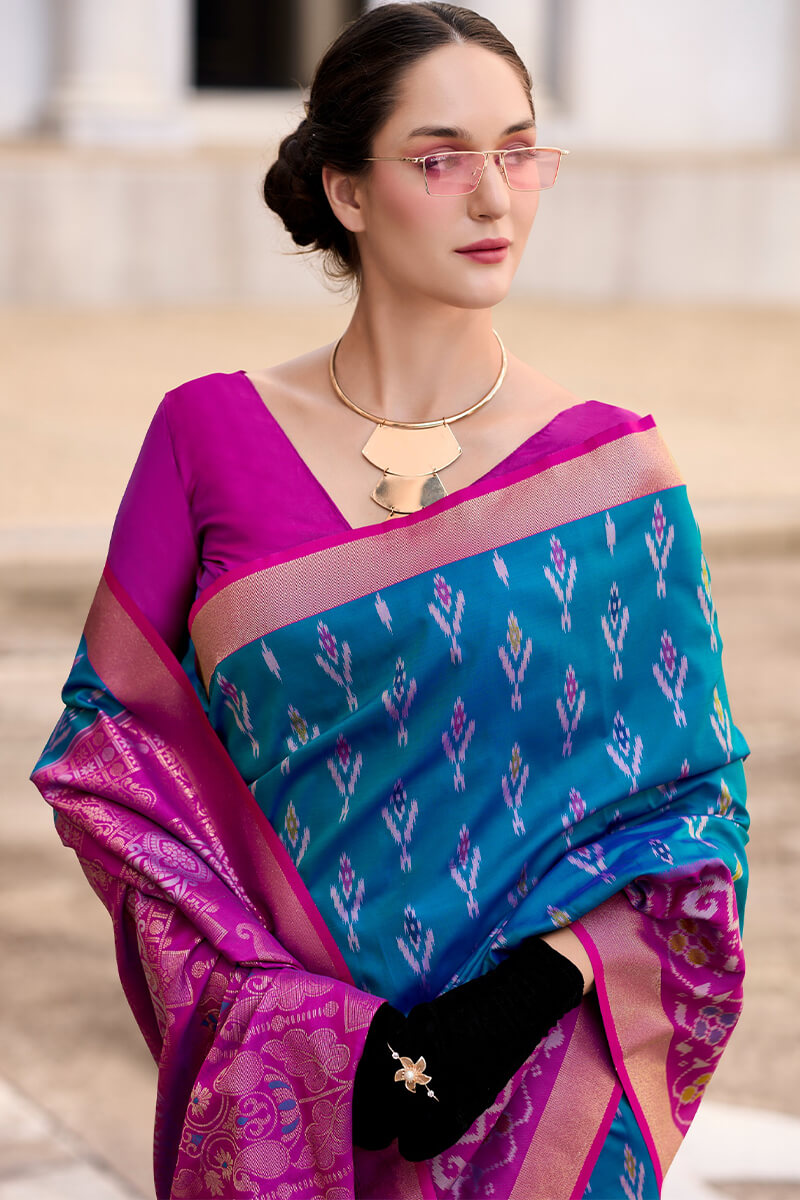 Pyramid Blue Banarasi Soft Silk Ikkat Border Saree