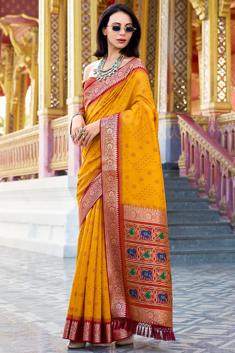 Aradhya Yellow Tussar Silk Patola Saree