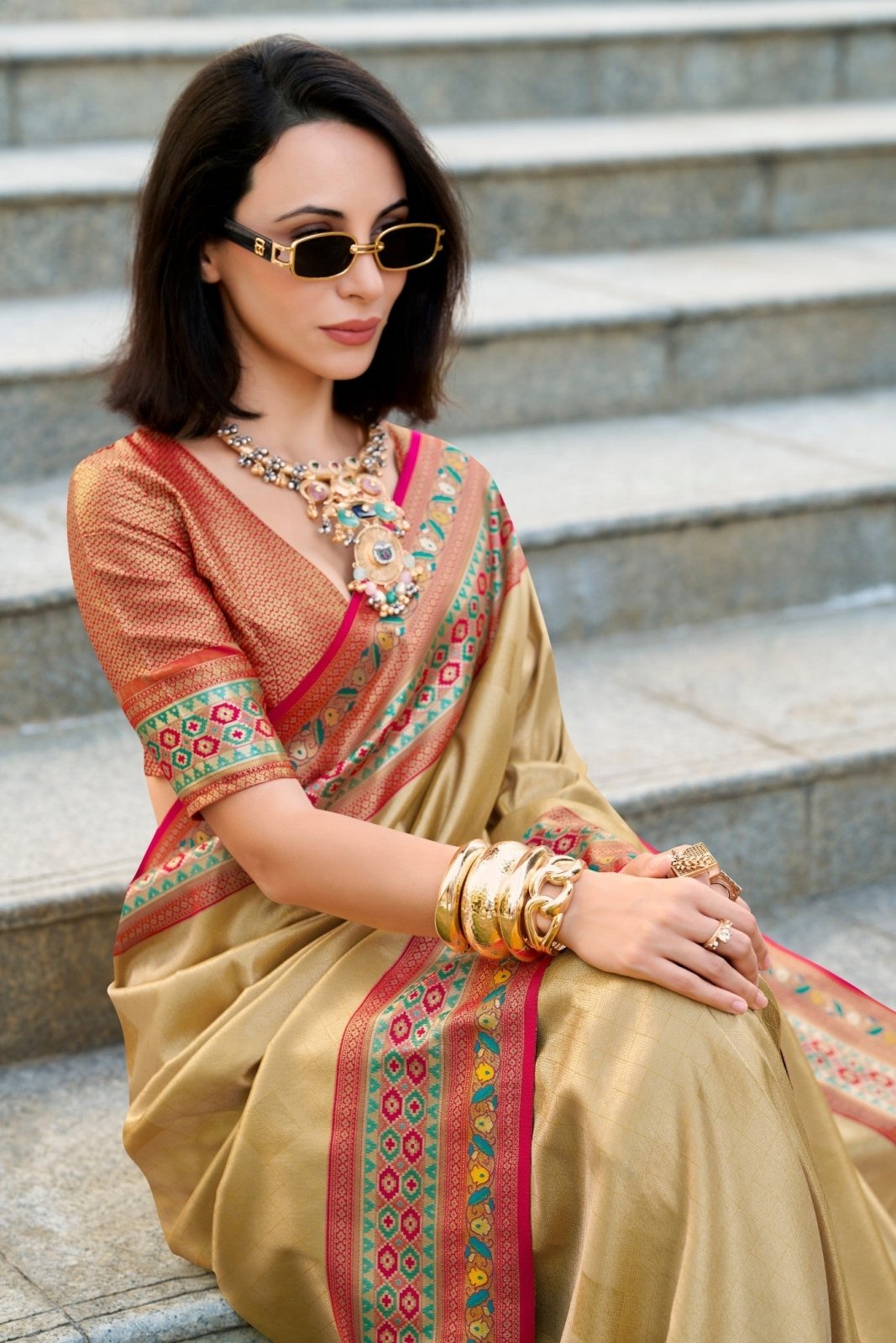 Rajkumari Golden Tissue Paithani Silk Zari Weaving Saree