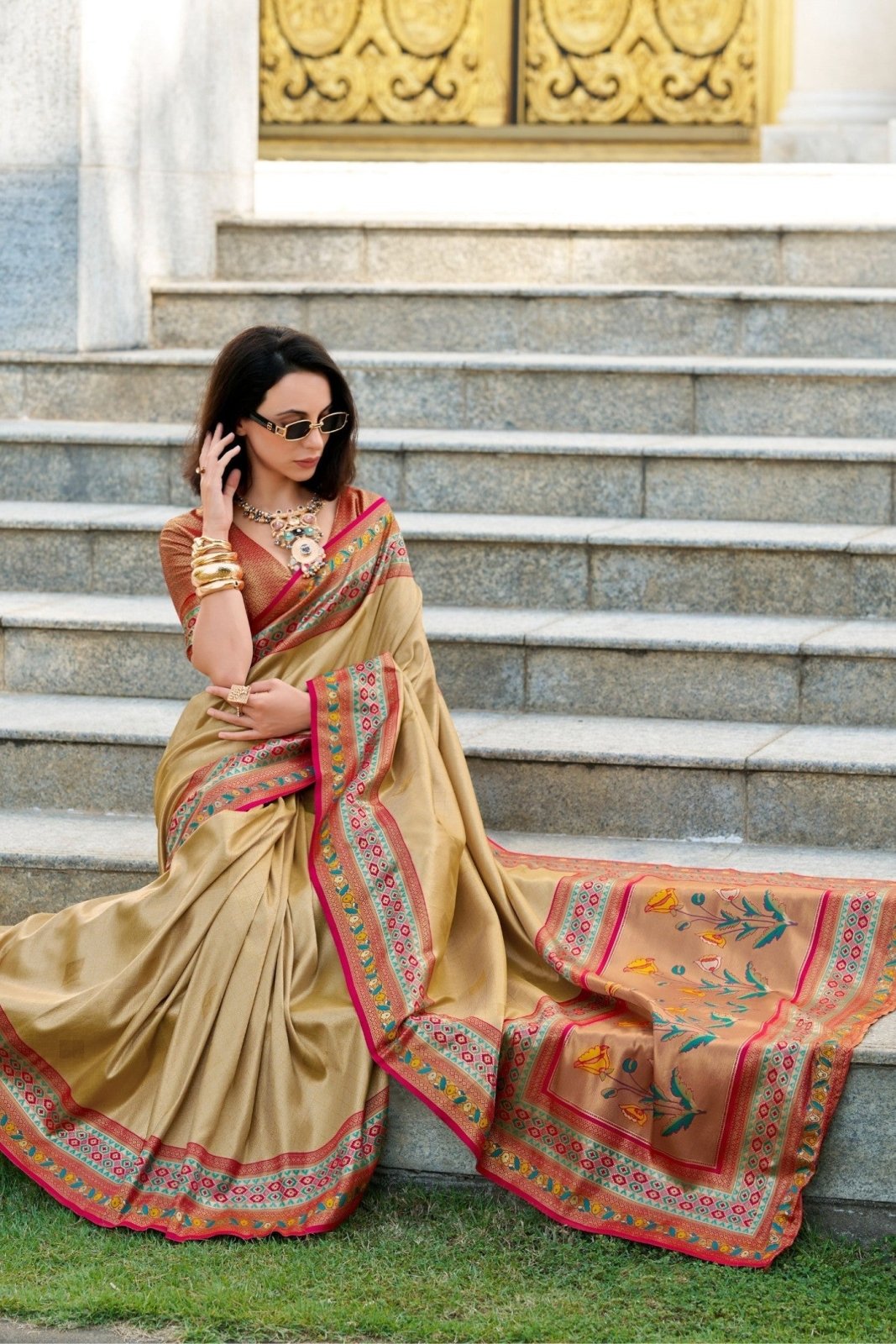 Rajkumari Golden Tissue Paithani Silk Zari Weaving Saree