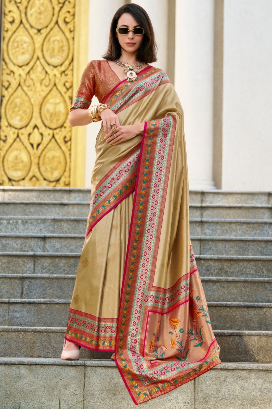 Rajkumari Golden Tissue Paithani Silk Zari Weaving Saree