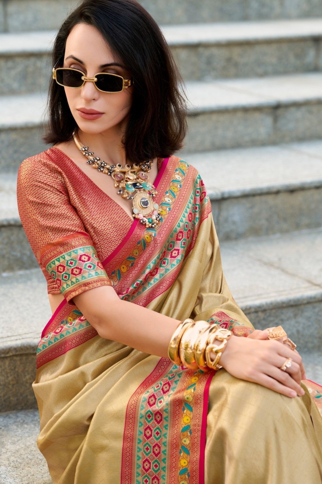 Rajkumari Golden Tissue Paithani Silk Zari Weaving Saree