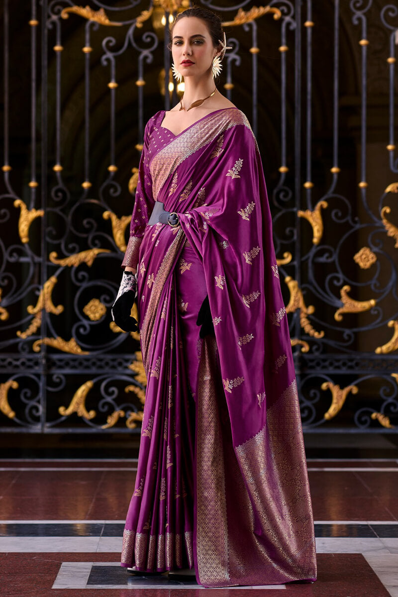 Mungha Wine Banarasi Satin Silk Zari Weaving Saree