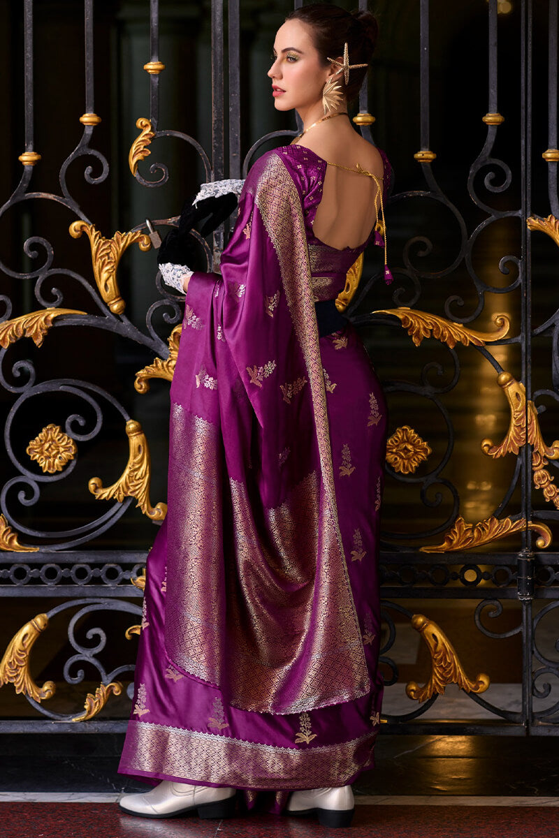 Mungha Wine Banarasi Satin Silk Zari Weaving Saree