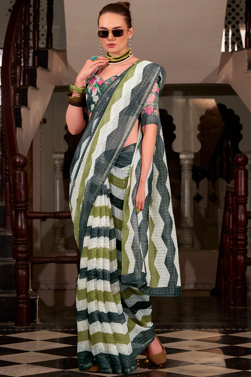 Basanti Green and Black Linen Silk Printed Saree