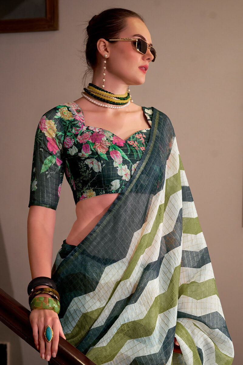 Basanti Green and Black Linen Silk Printed Saree