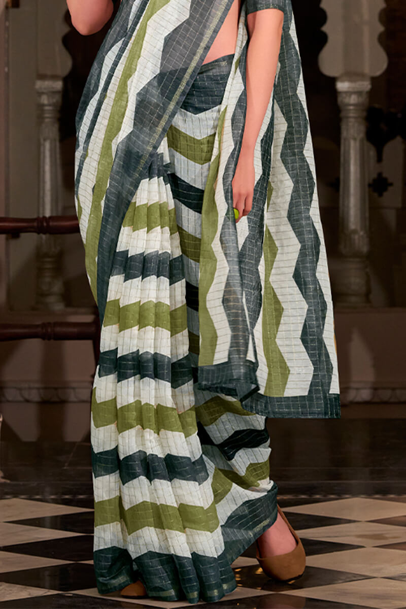 Basanti Green and Black Linen Silk Printed Saree
