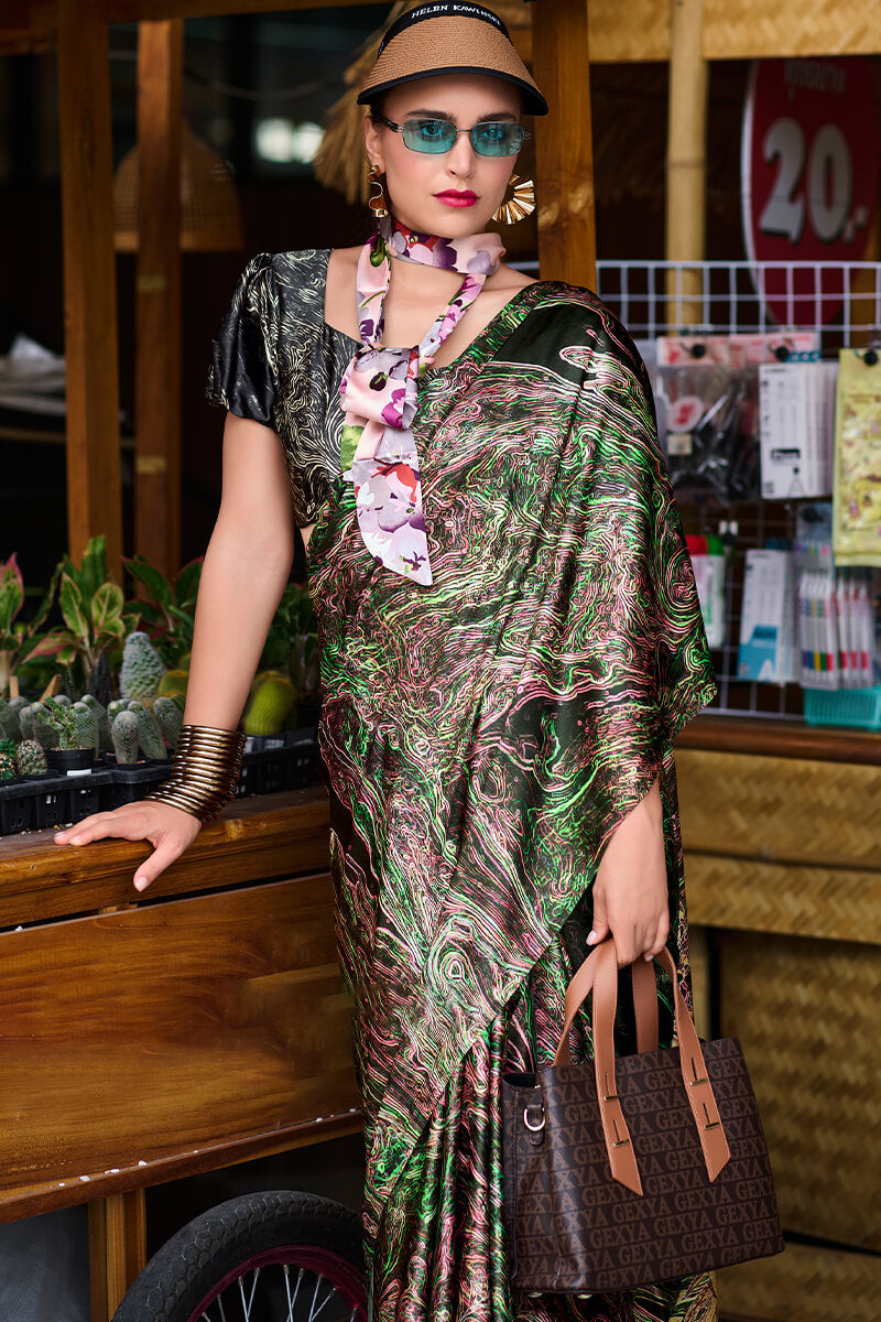 Next Ganeration Moss Mocha Pure Satin Silk Digital Printed Saree