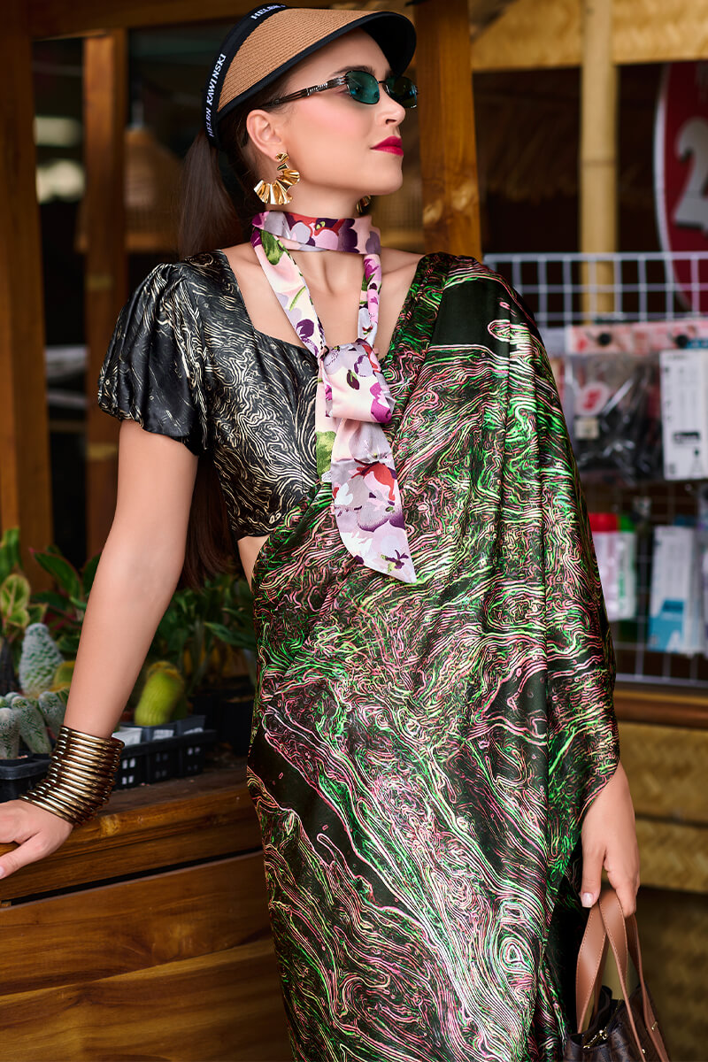 Next Ganeration Moss Mocha Pure Satin Silk Digital Printed Saree