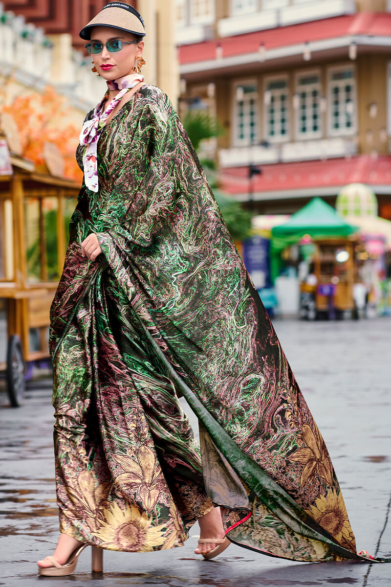 Next Ganeration Moss Mocha Pure Satin Silk Digital Printed Saree