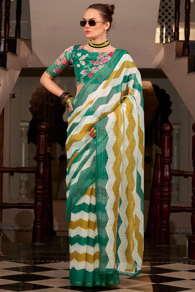 Basanti Green and Mustred Linen Silk Printed Saree