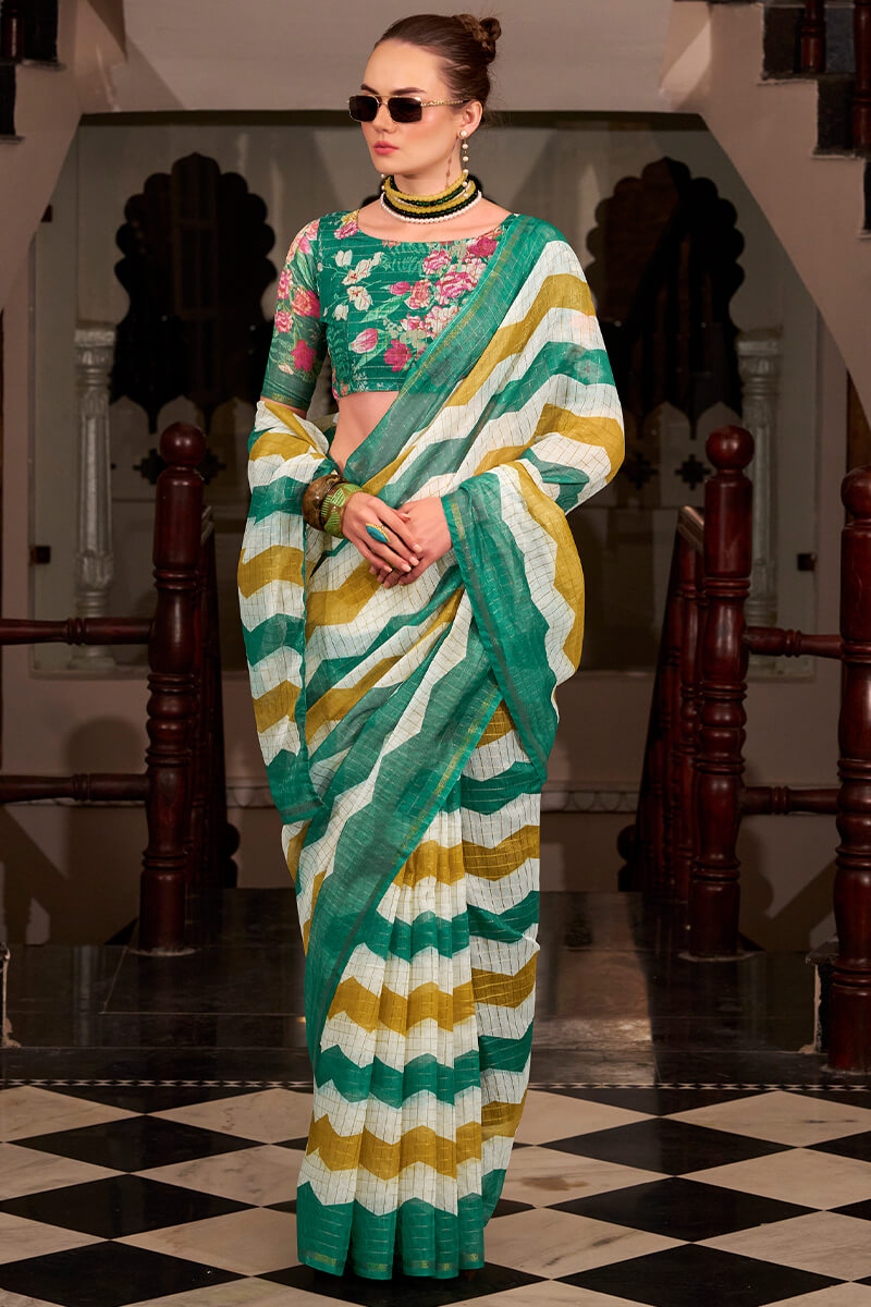 Basanti Green and Mustred Linen Silk Printed Saree