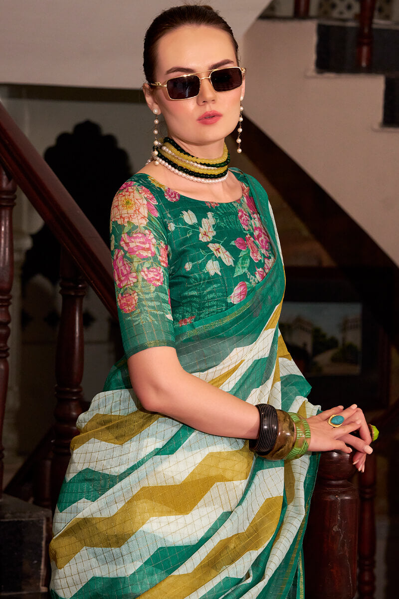 Basanti Green and Mustred Linen Silk Printed Saree