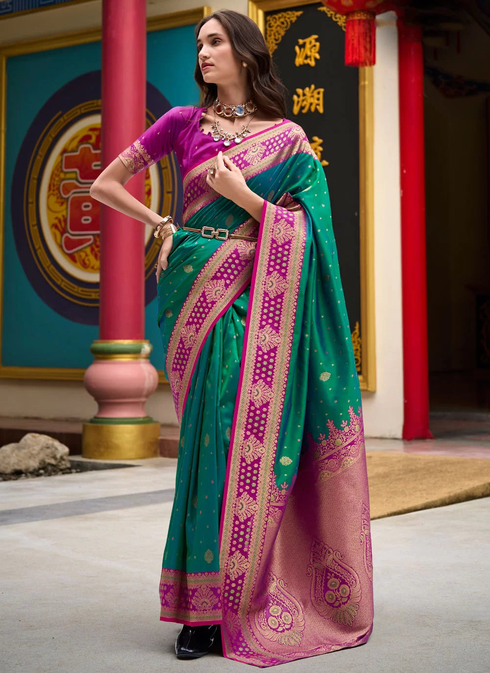 Samruddhi Teal Green Tissue Banarasi Silk Zari Weaving Saree