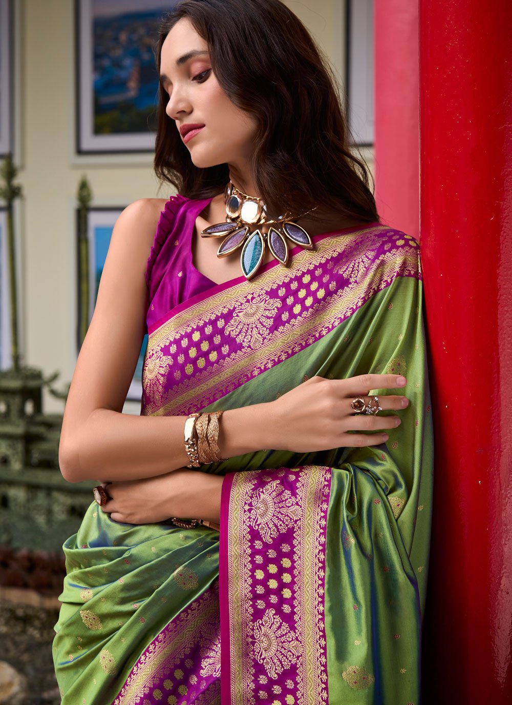 Samruddhi Mehndi Tissue Banarasi Silk Zari Weaving Saree