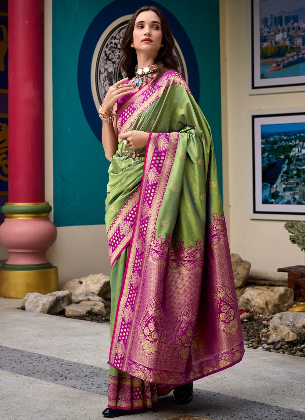 Samruddhi Mehndi Tissue Banarasi Silk Zari Weaving Saree