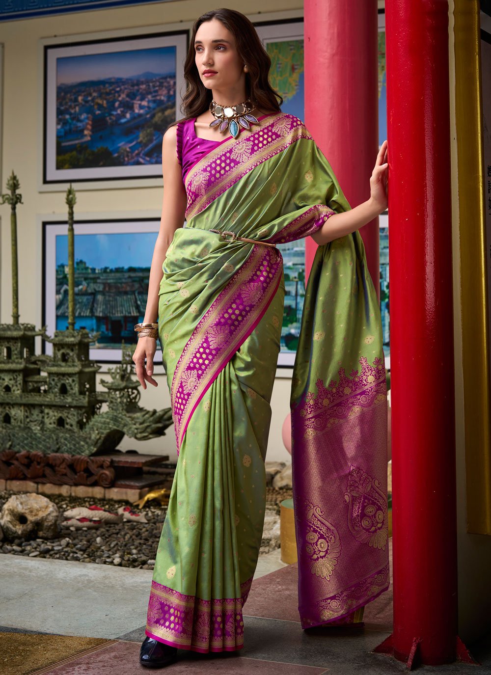 Samruddhi Mehndi Tissue Banarasi Silk Zari Weaving Saree