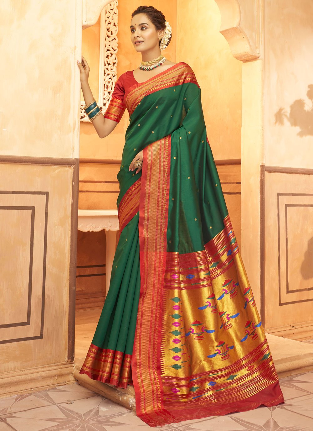 Aniruddh Green Zari Weaving Pure Paithani silk Saree