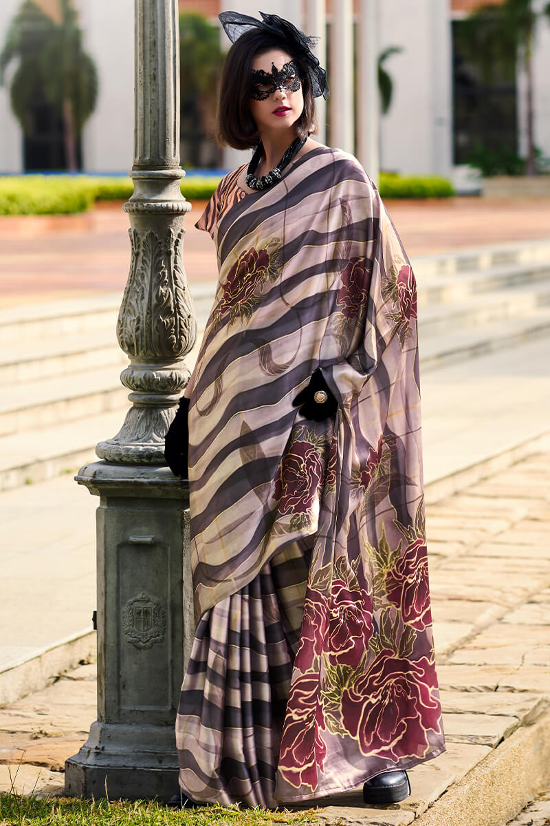 Next Ganeration Charcoal Pure Satin Silk Digital Printed Saree