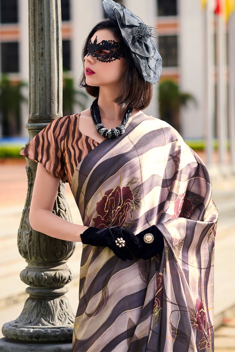 Next Ganeration Charcoal Pure Satin Silk Digital Printed Saree