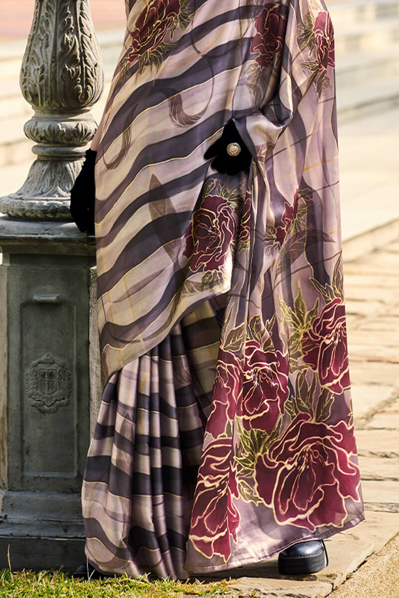 Next Ganeration Charcoal Pure Satin Silk Digital Printed Saree