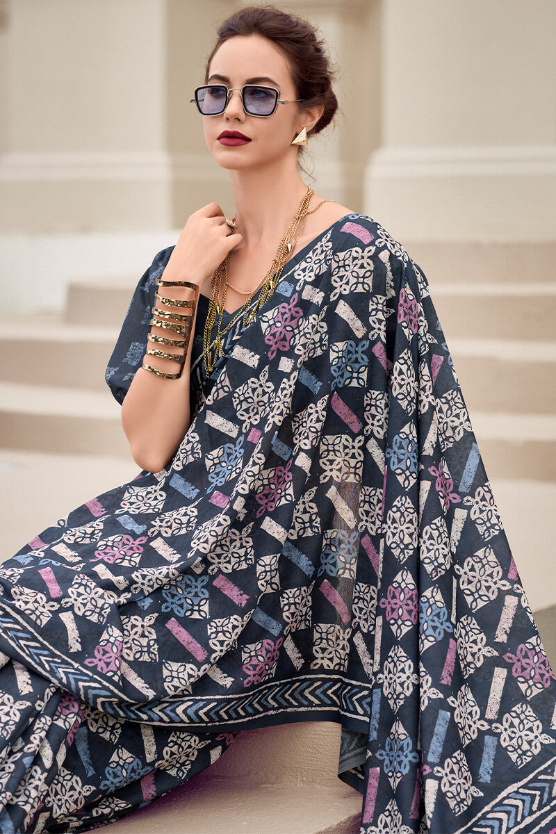 Resham Dusty Blue Pure Mal cotton Printed Saree