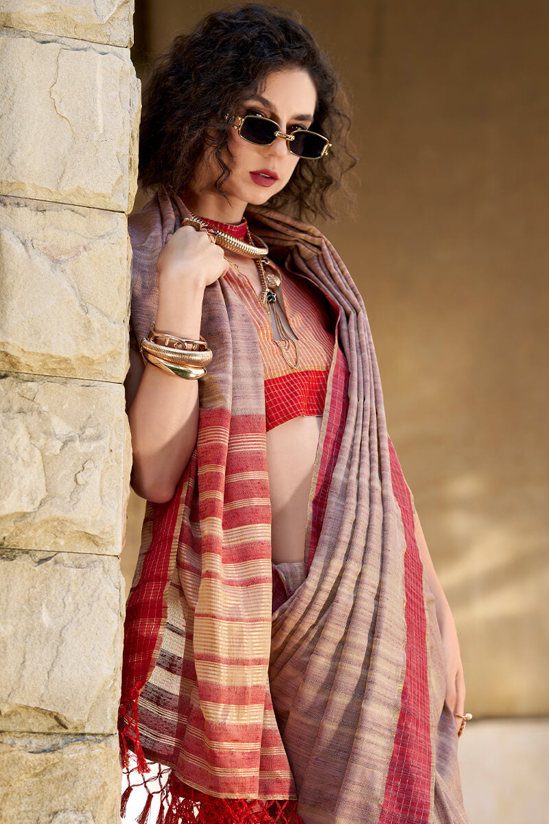 Redbull Smoky Pink Pure Fancy Katan Handmade Saree