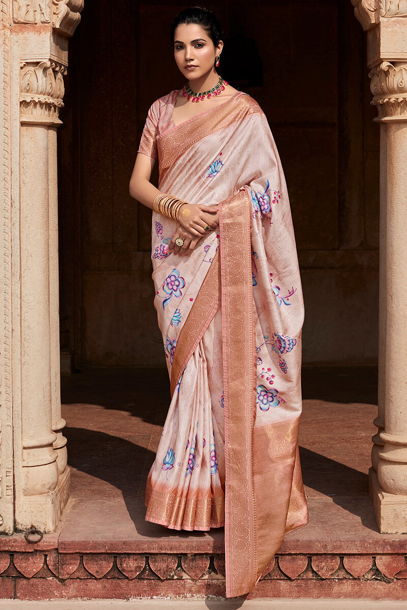 Kavya Rosy Beige Handloom Soft Silk Printed Saree