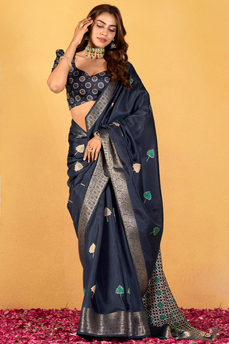 Chocolate Blue Soft Dola Silk Foil Printed Saree