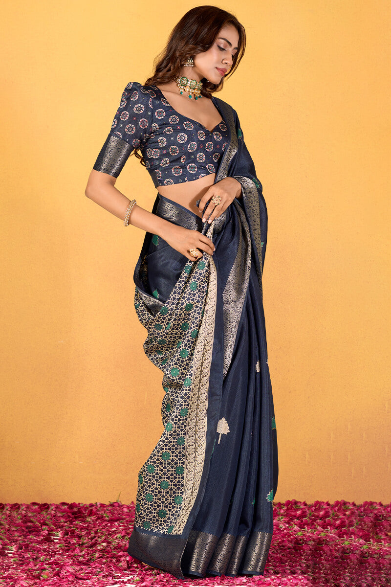 Chocolate Blue Soft Dola Silk Foil Printed Saree