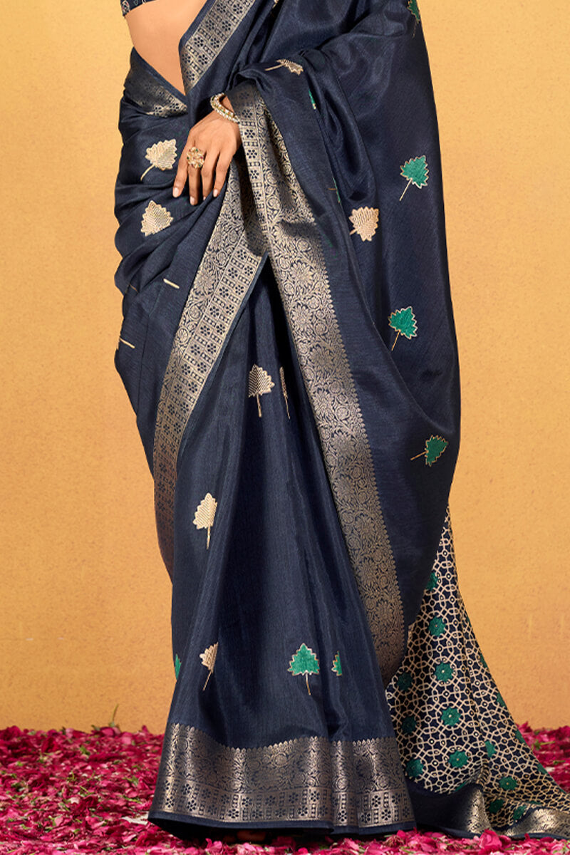 Chocolate Blue Soft Dola Silk Foil Printed Saree