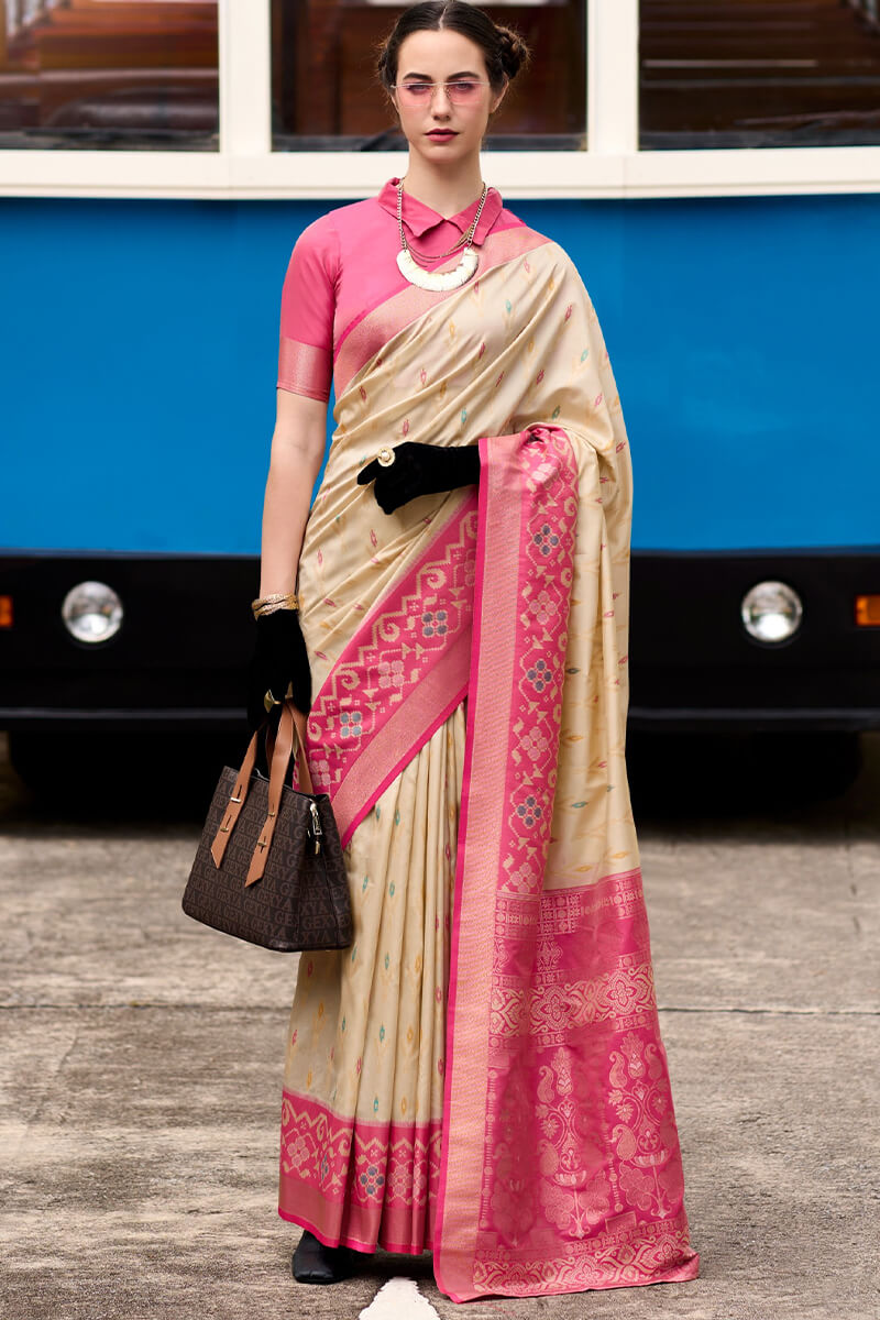 Pyramid Cream Banarasi Soft Silk Ikkat Border Saree
