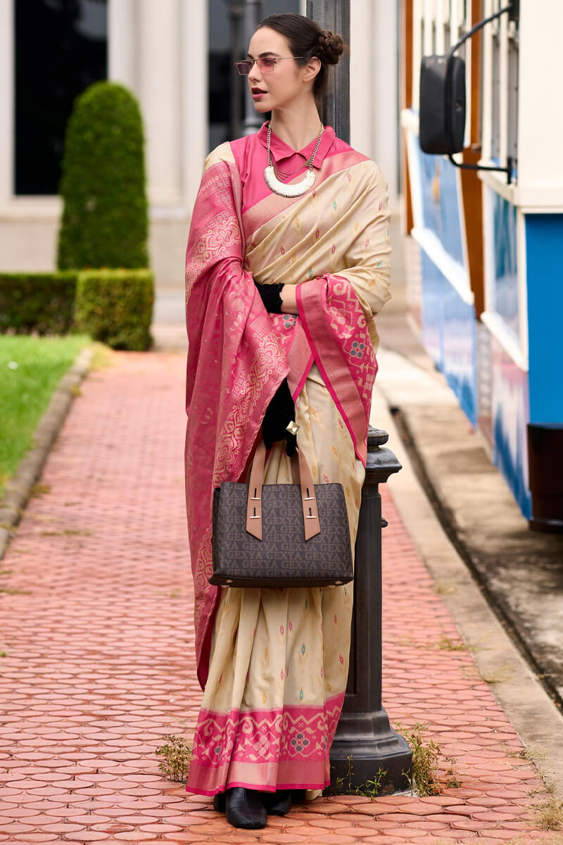 Pyramid Cream Banarasi Soft Silk Ikkat Border Saree